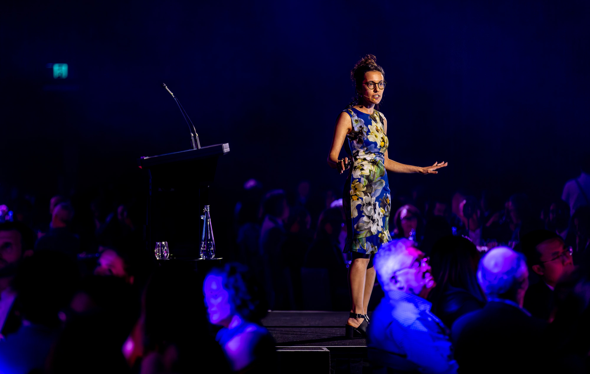 Flowing Bee co-founder Sara speaking on stage at the Victorian Startup Gala