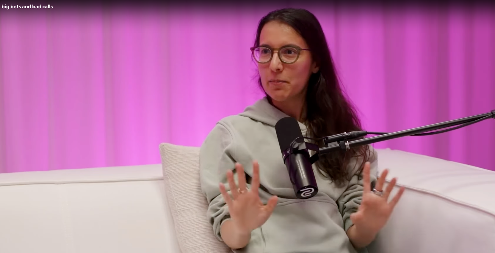 Sara Khorasani gesturing while speaking on the Big Bets & Bad Calls podcast
